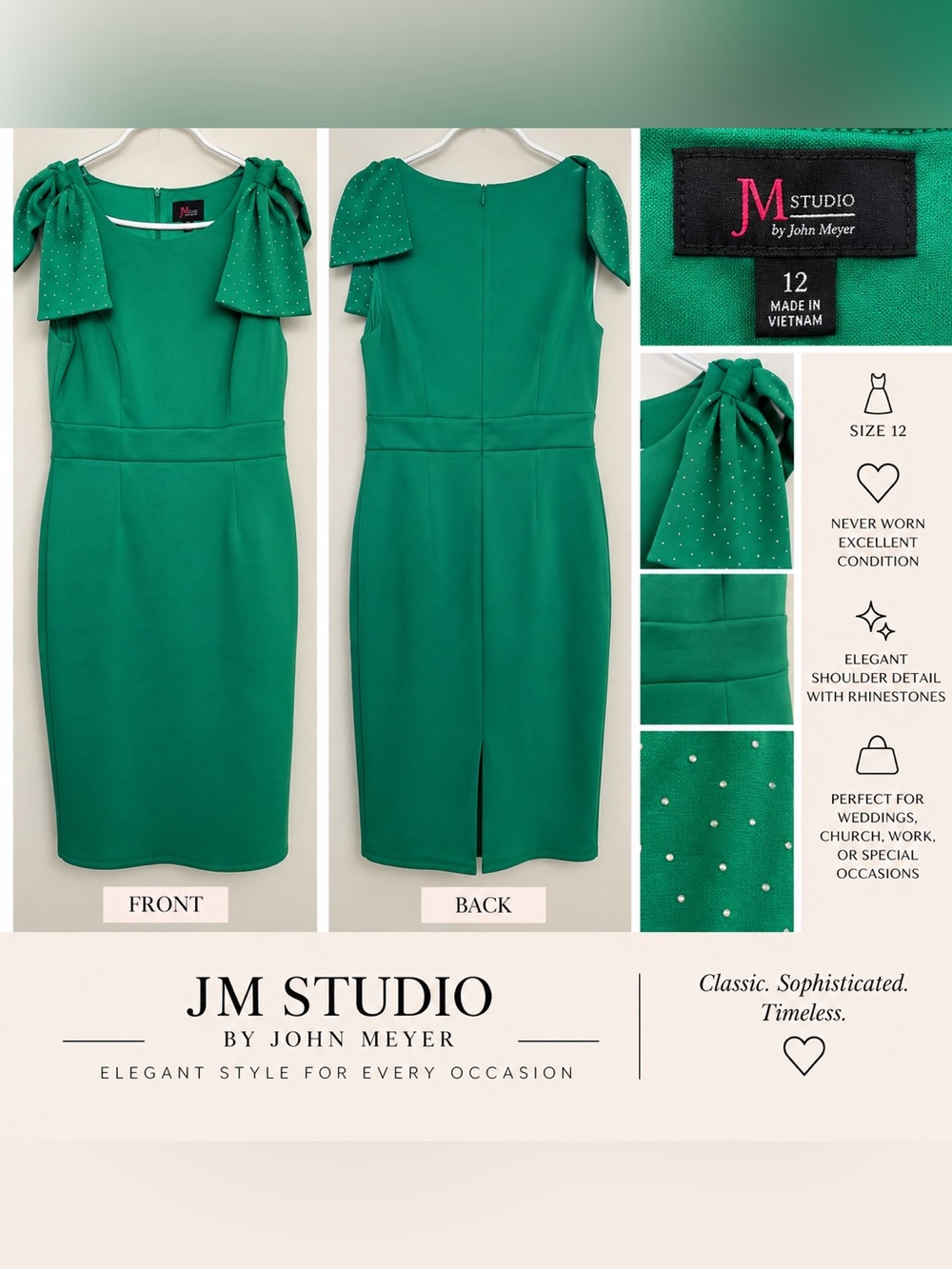 M.STUDIO Emerald Green Midi Sheath Dress with Rhinestone Bow Shoulders